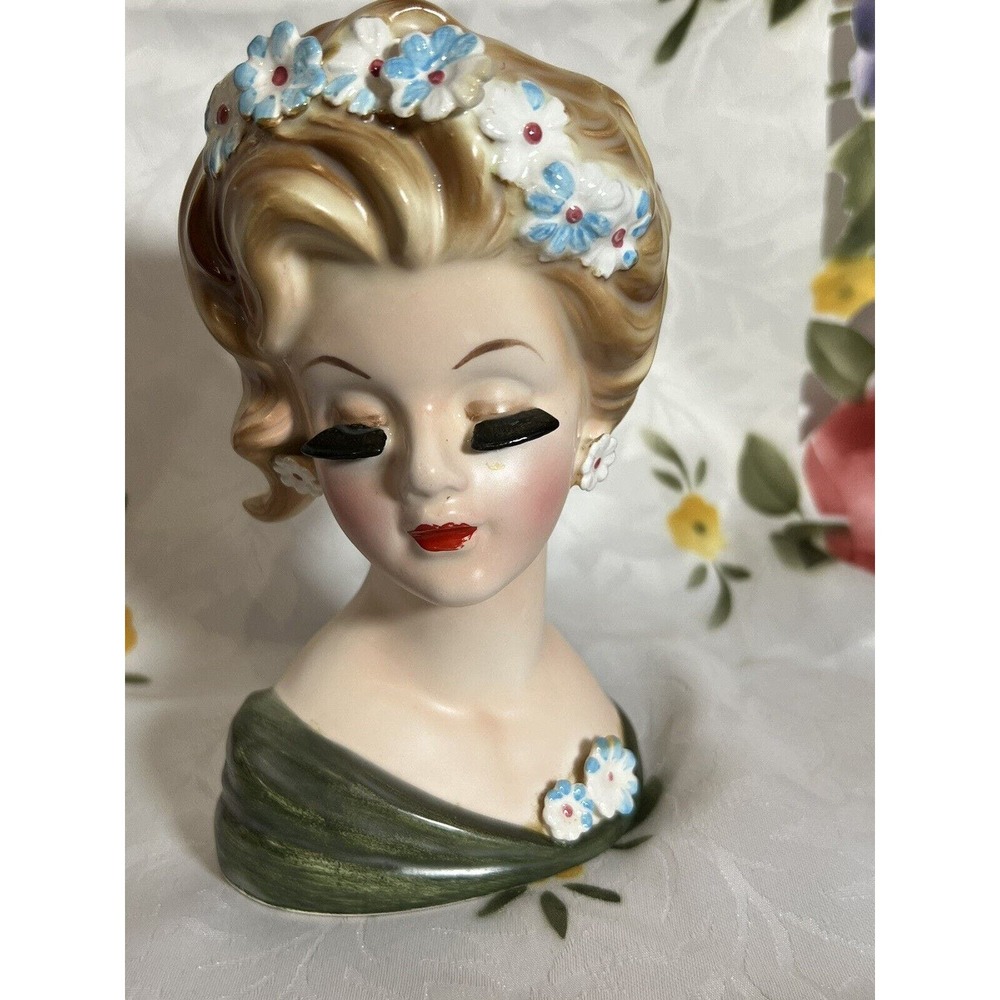 HTF Vintage Lefton LADY HEAD VASE With Cornflowers, Earrings, 2143